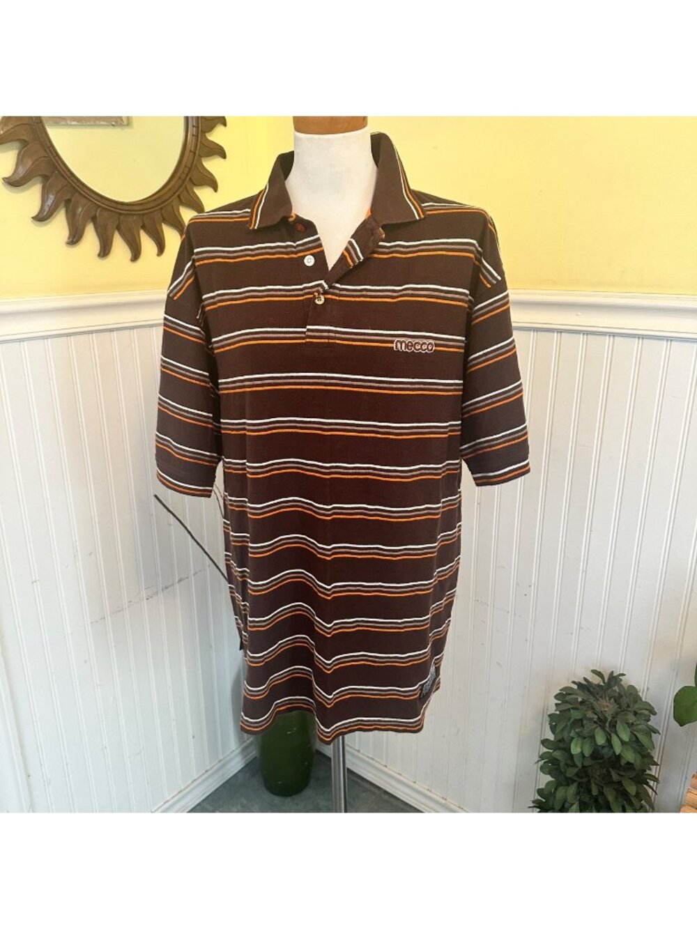 Mecca Vintage 90s Mens Polo Brown Orange striped Oversized shirt Large